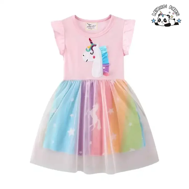 LEZONKIDS - Customizable High Quality OEM Girls Pink Sequin Dress Rainbow Mesh Baby Girls Summer Dress for 2 to 14T Children